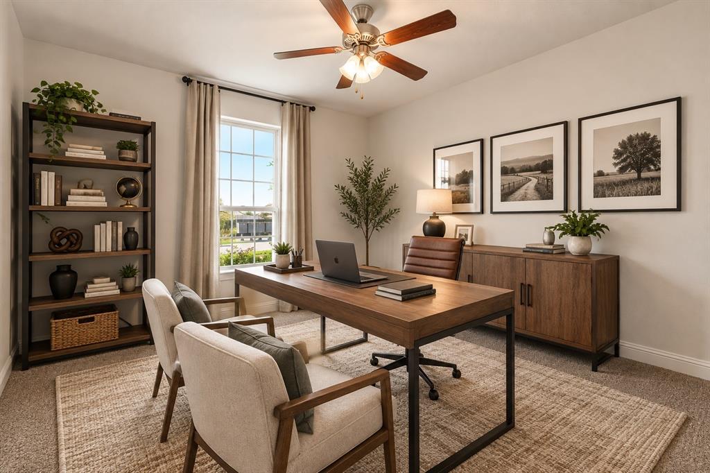 Multi-pane window, neutral wall palette, and ceiling-mounted light fixture with a fan