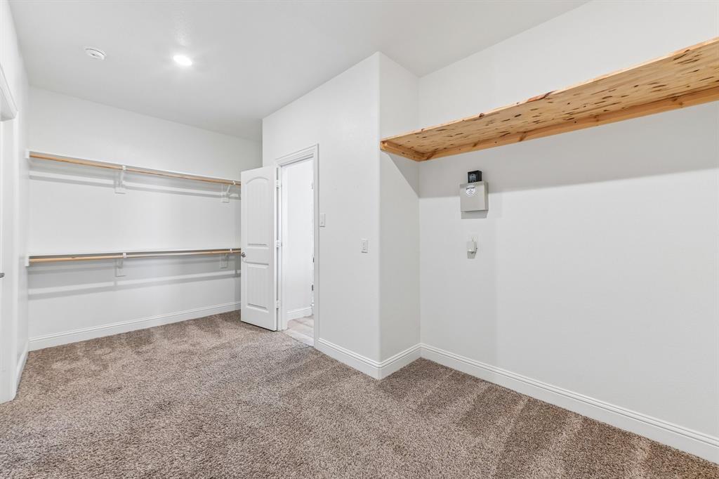 Walk-in storage space featuring neutral carpeting, white interior walls, and tiered natural-wood shelving