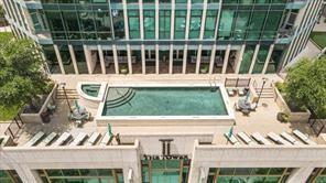 Elevated outdoor terrace featuring a swimming pool, integrated spa, stone-surfaced deck, and mature landscaping