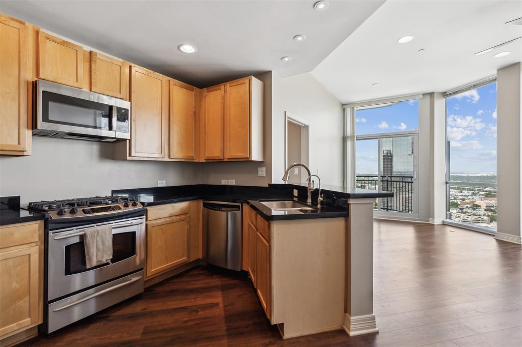 Kitchen featuring light-tone wood cabinetry, dark stone countertops, stainless steel appliances, wood-finish flooring, and floor-to-ceiling windows