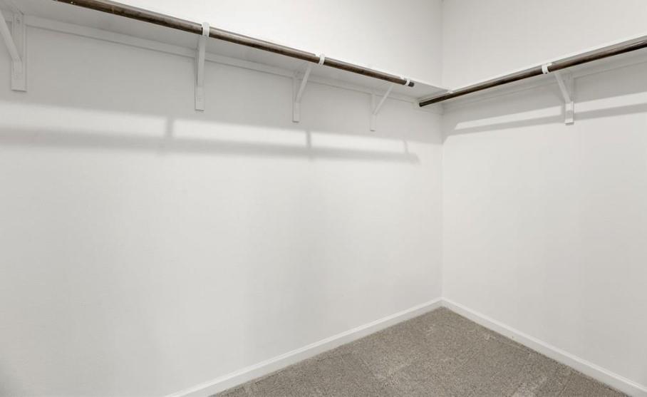 Walk-in closet featuring neutral carpeting and built-in shelving with integrated clothing rods