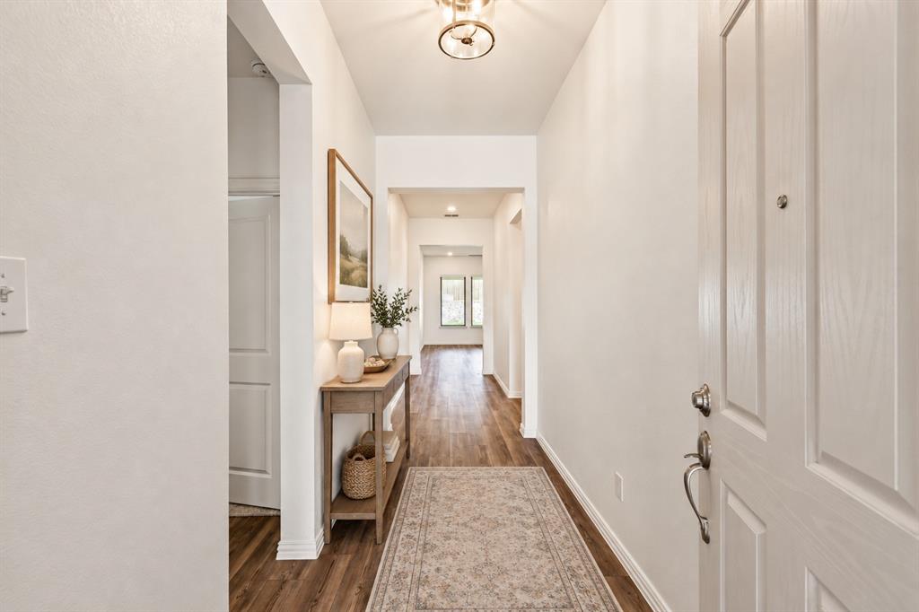 Entryway featuring wood-finish flooring, a flush-mount ceiling light fixture, and a paneled entry door with satin nickel hardware. Virtual photo