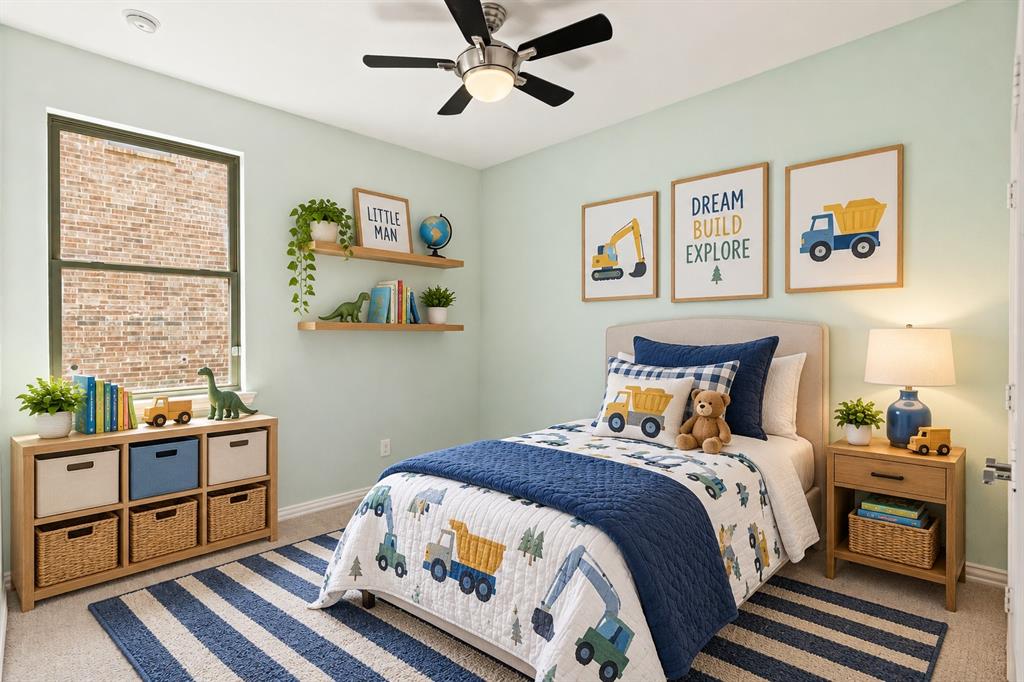 Bedroom featuring neutral wall paint, two natural wood floating wall shelves, a dual-tone ceiling fan with integrated lighting, and a single-hung window