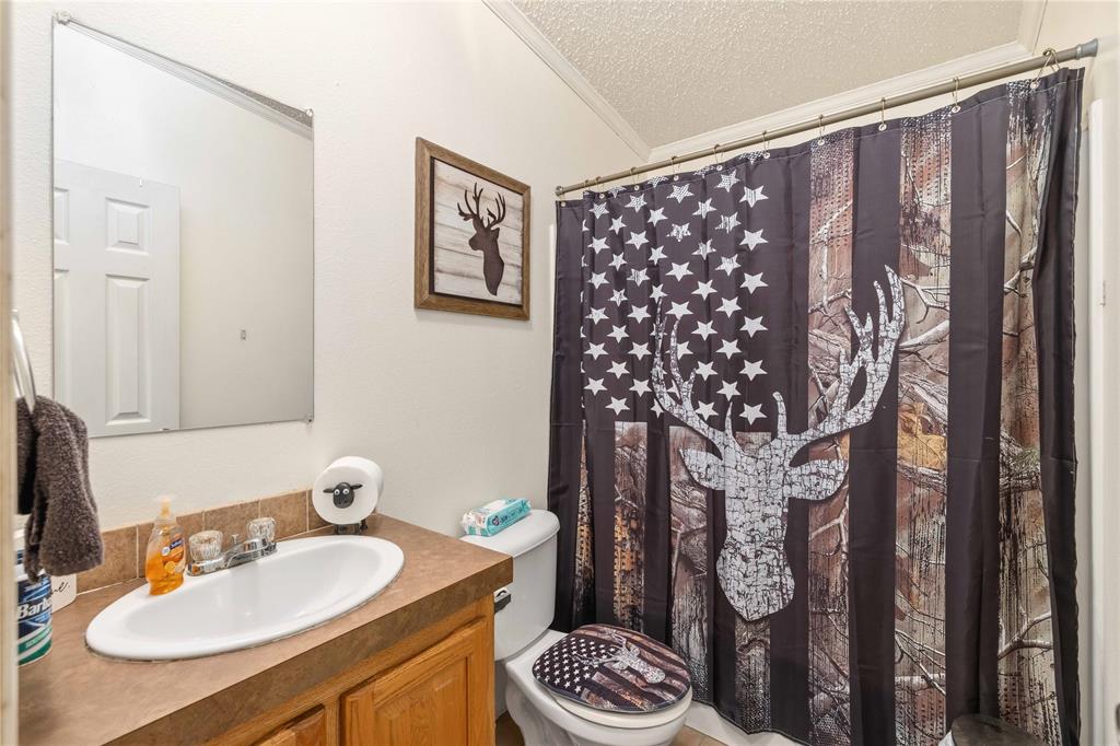 Bathroom featuring a vanity with a drop-in sink, countertop, and wood-finish cabinetry, paired with a wall-mounted mirror and a shower curtain rod