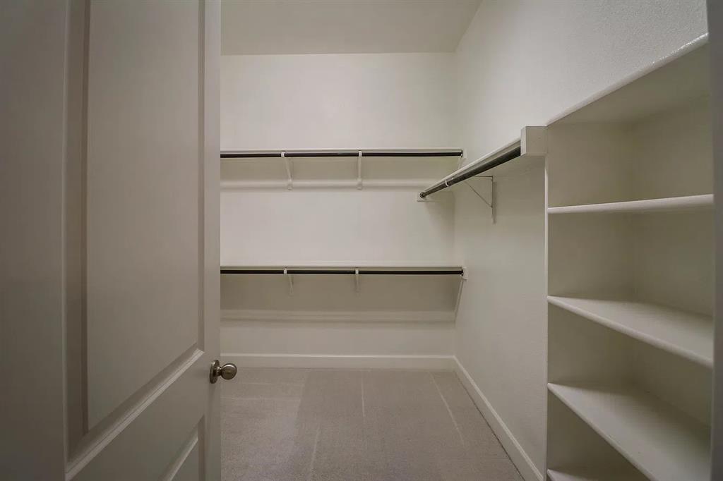 Walk-in closet featuring multi-level hanging rods, integrated shelving units, and neutral carpeting