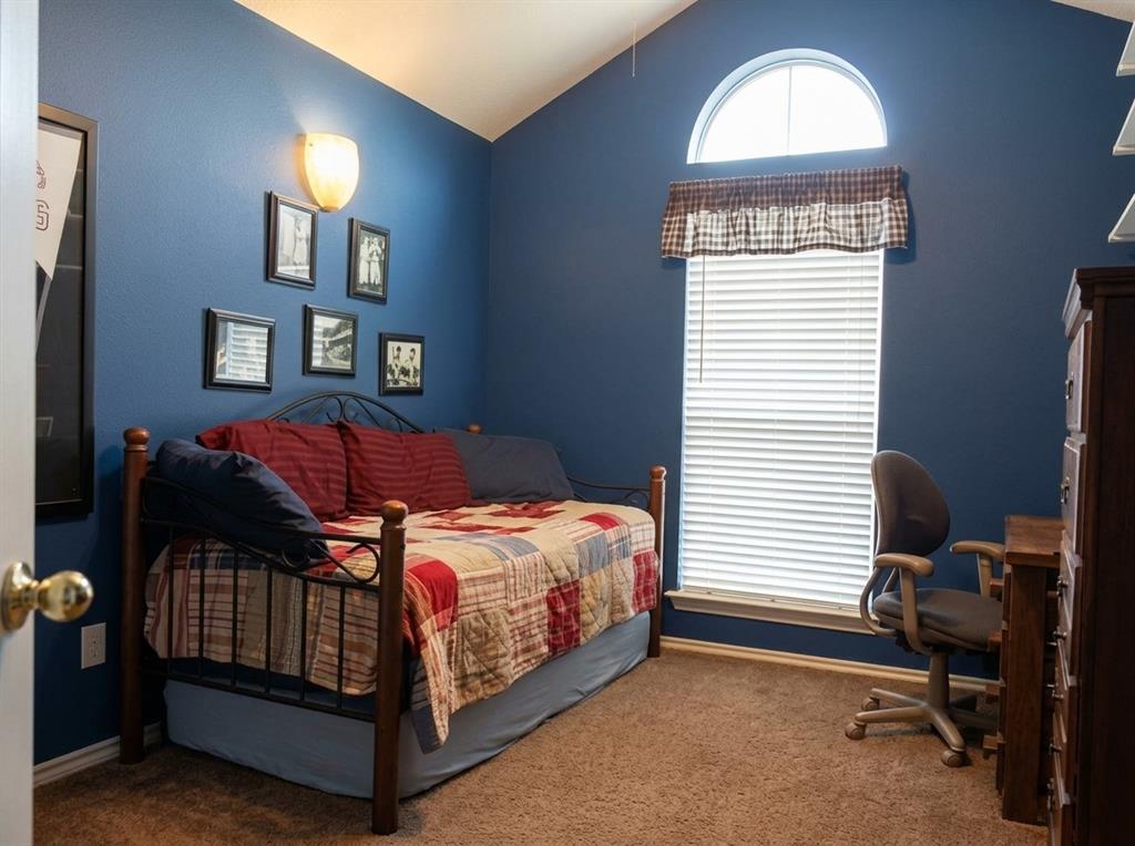Vaulted ceiling room featuring a single window with an arched transom, neutral carpeting, and a wall-mounted light fixture