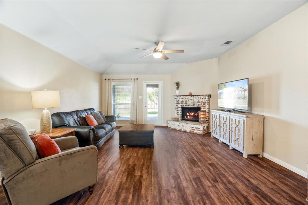 The family room overlooks the back yard.