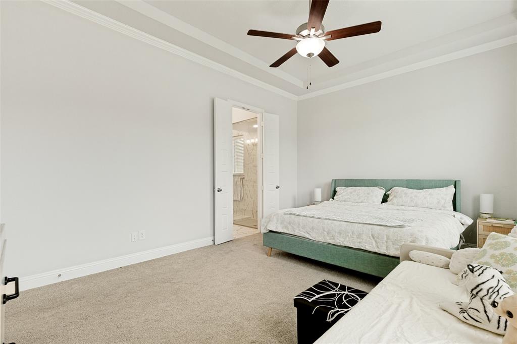 Tray ceiling with crown molding, ceiling fan with integrated light fixture, and double door entry