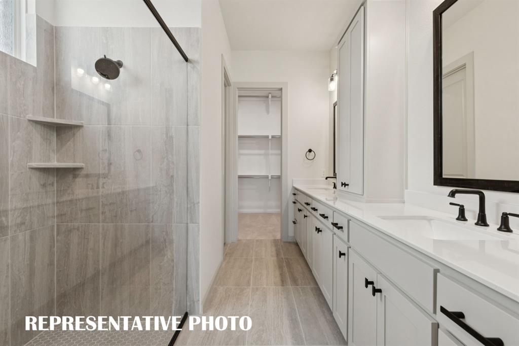 Featuring ample space for two, a delightful walk in shower with drying area and a dream closet with seasonal hanging space, you'll enjoy a spa like experience every day in this wonderful owner's bath!  REPRESENTATIVE PHOTO