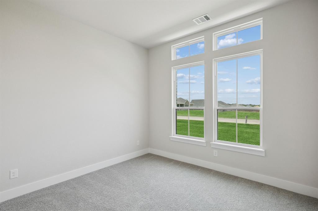 Neutral interior room featuring plush carpeting, expansive floor-to-ceiling windows, and divided-light transoms