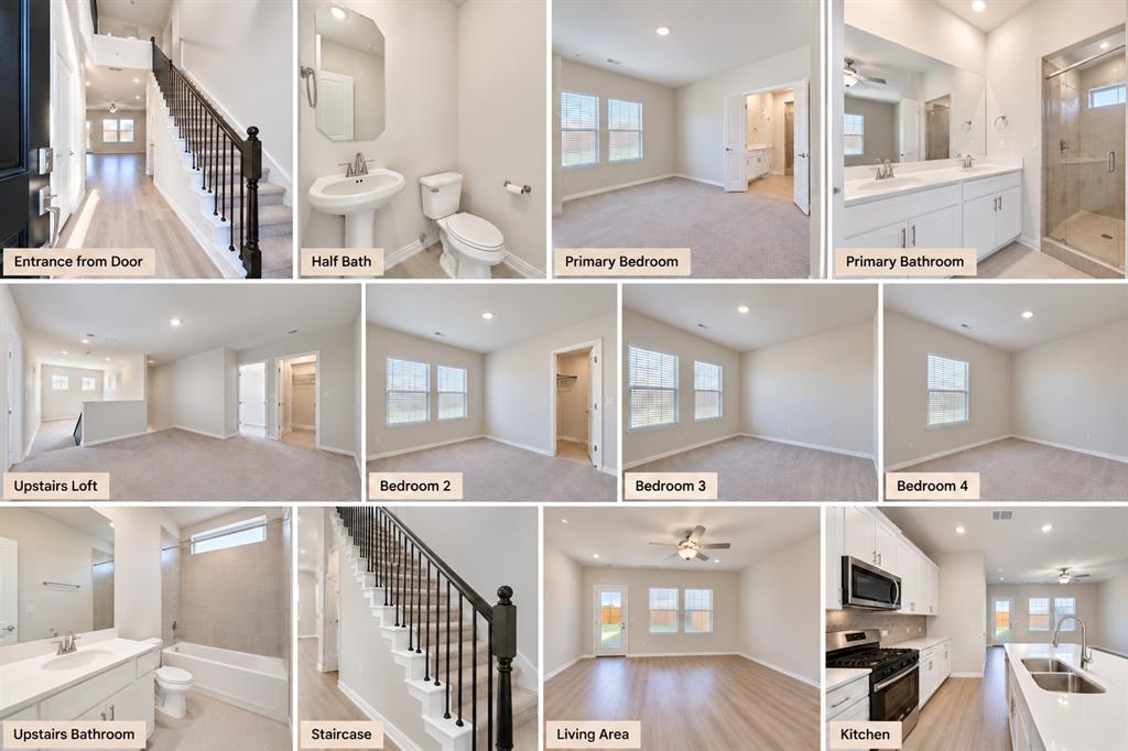 Property Tour Presentation. Visual documentation of residential spaces including entrance, bathrooms, bedrooms, kitchen, living area, and staircase