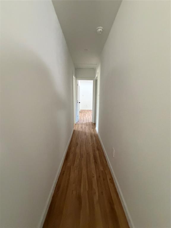Interior corridor featuring wood-finish flooring and neutral-toned wall paint