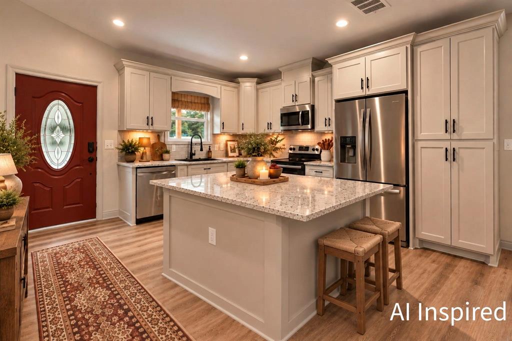 AI INSPIRED Kitchen featuring shaker-style cabinetry, a stone-surface island, stainless steel appliances, and wood-finish flooring
