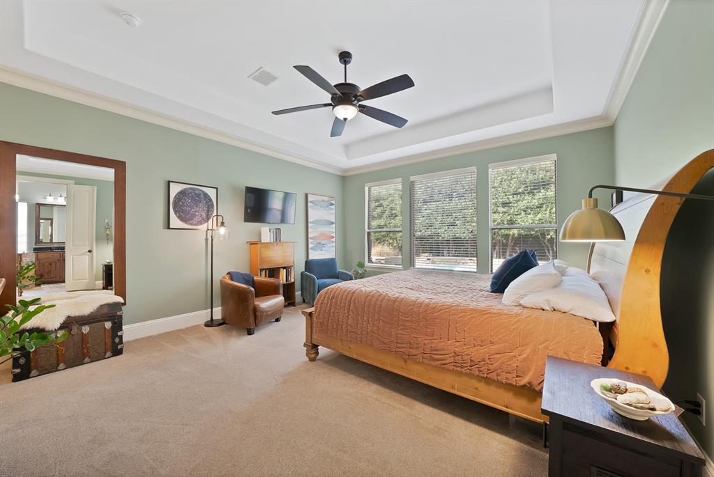 Tray ceiling with crown molding, ceiling fan, carpeting, and multiple windows