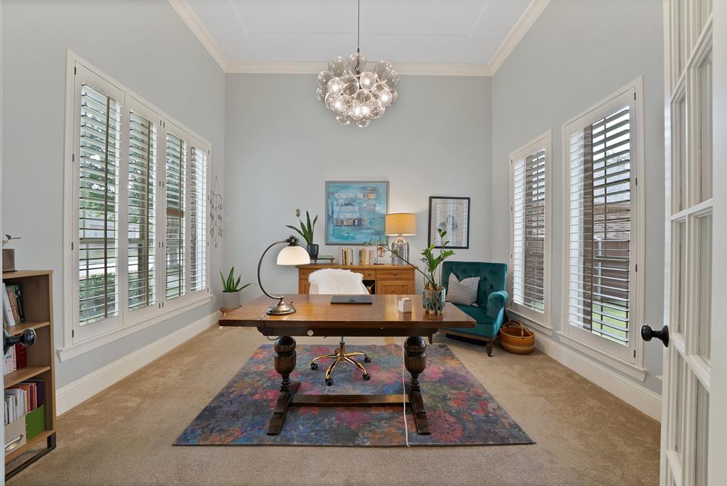 High-ceilinged room featuring crown molding, multiple windows with plantation shutters, and a multi-sphere glass pendant light fixture