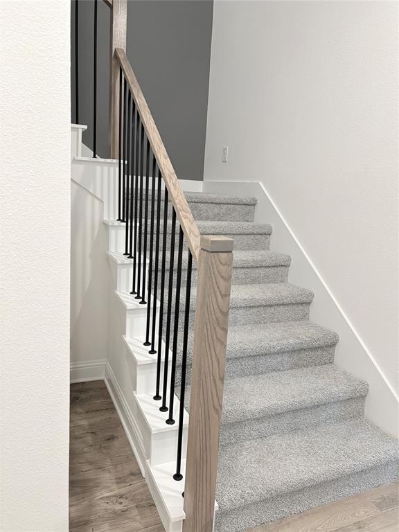 Staircase featuring a light-toned wood handrail, vertical matte black metal balusters, white risers, and neutral-toned carpeting