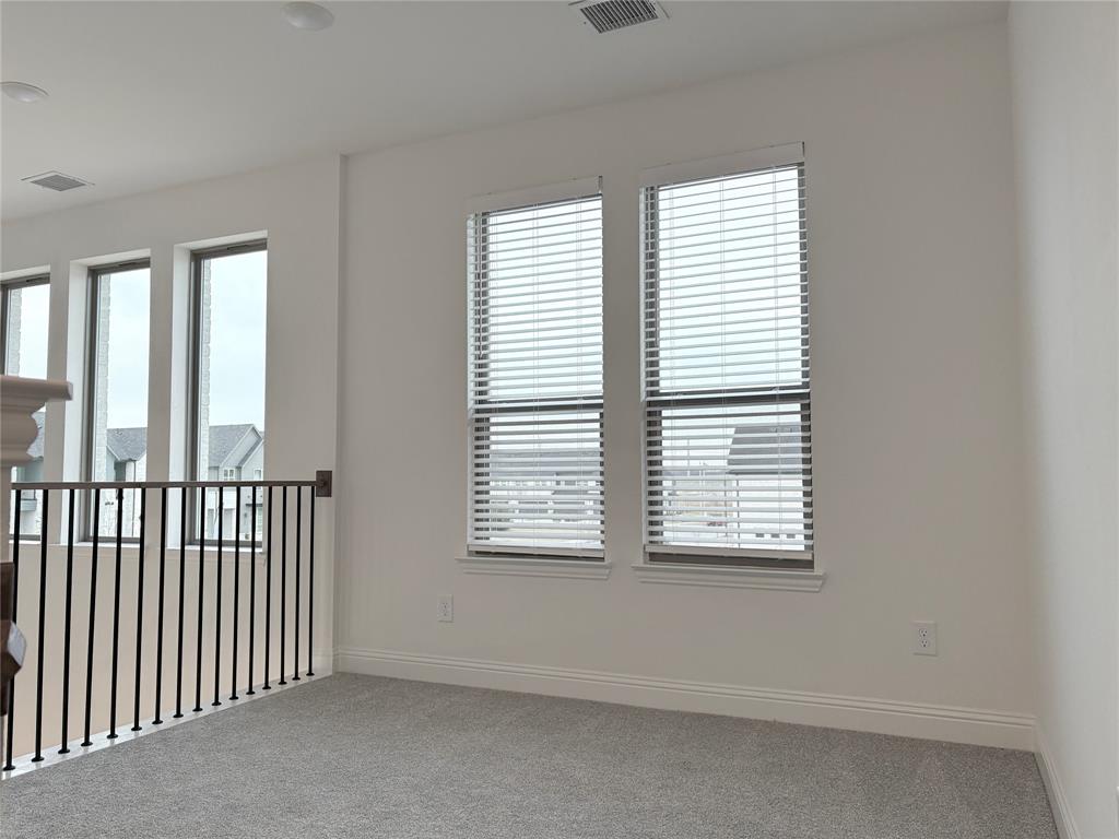 Neutral-toned carpeting, vertical windows with integrated blinds, and black metal baluster railing