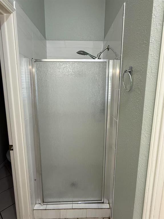 Shower enclosure with a metal-framed glass door, tiled surround, adjustable-height shower head, and wall-mounted towel ring