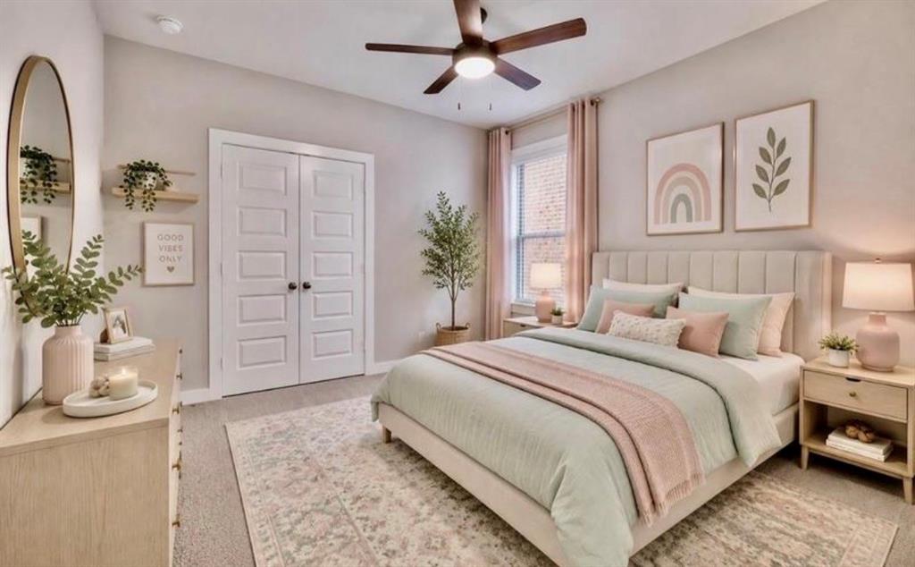 Neutral-toned bedroom featuring a recessed-panel double closet door, ceiling fan with integrated lighting, neutral wall-to-wall carpeting, and a single-pane window with brick exterior detail