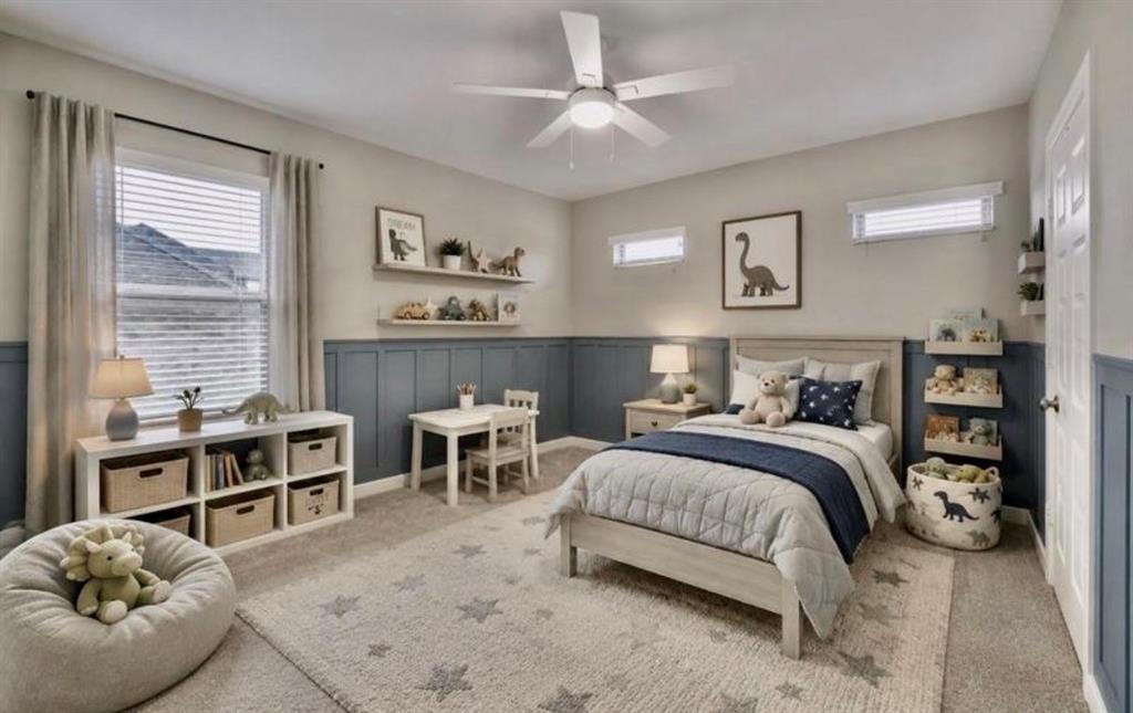 Room featuring two-tone wall paneling, wall-to-wall carpeting, ceiling fan with integrated lighting, and multiple horizontal windows