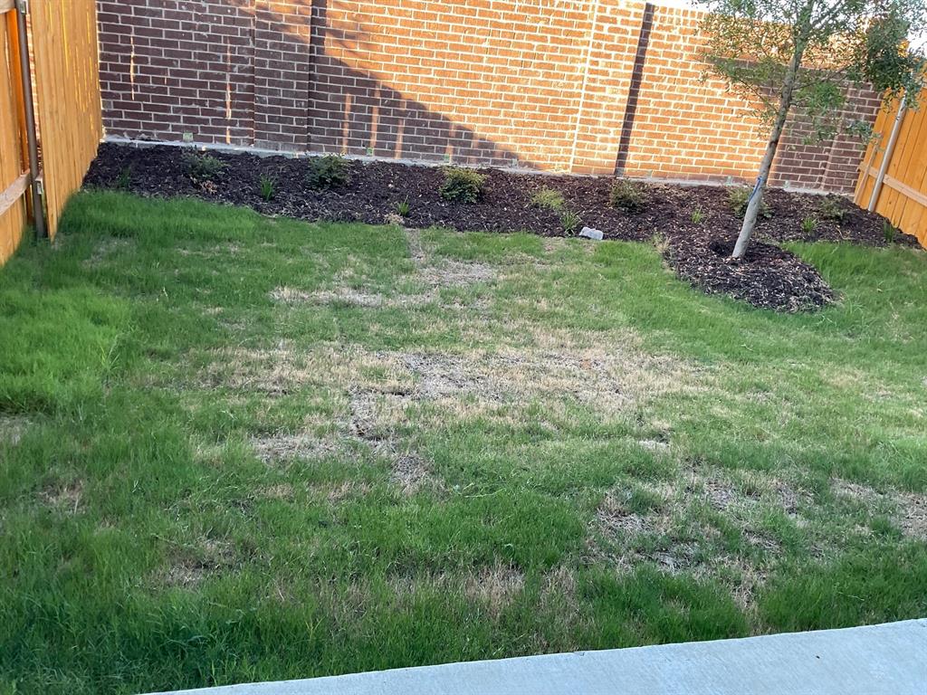 Fenced backyard featuring wood-panel fencing, a brick perimeter wall, mulch-covered planting beds, and a single tree