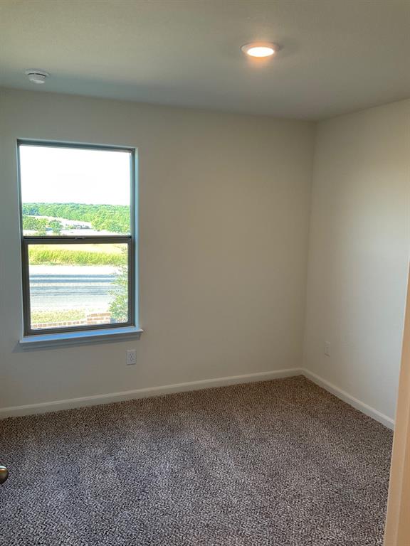 Neutral wall tones, carpeted flooring, and recessed ceiling lighting with a window providing exterior landscape visibility