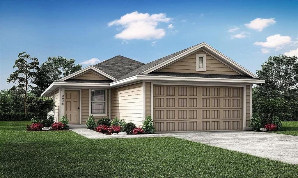 Single-story exterior featuring tan horizontal siding, a gabled roofline, a two-car garage, and a concrete driveway