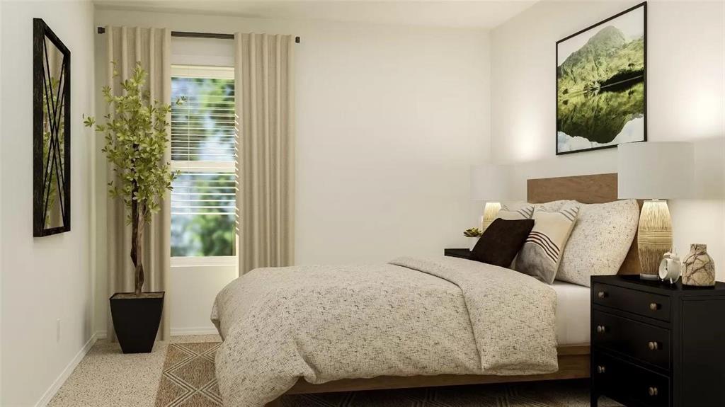 Neutral-toned walls, carpeting, dual-pane window, and wood-finish headboard Neutral-toned walls, carpeting, dual-pane window, and wood-finish headboard