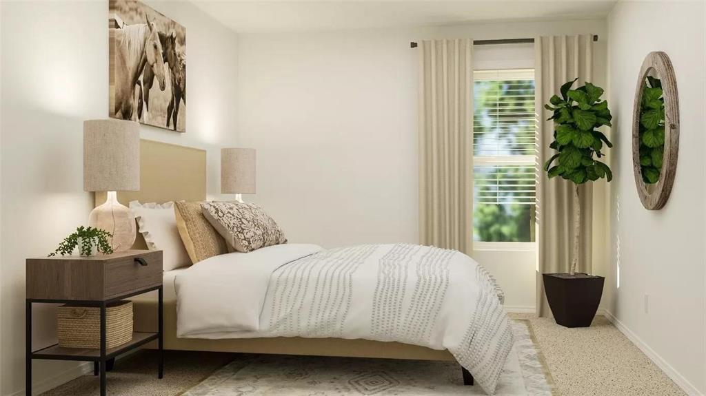 Neutral-toned interior space featuring wall-to-wall carpeting and a single window with horizontal blinds