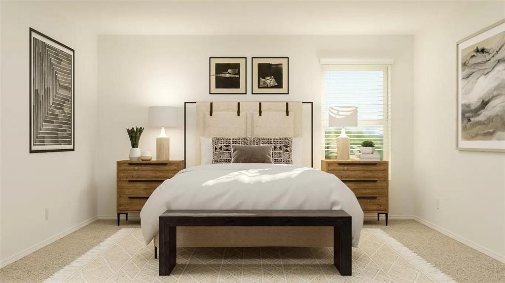 Neutral-toned carpeted flooring, window with installed horizontal blinds, and smooth wall finishes