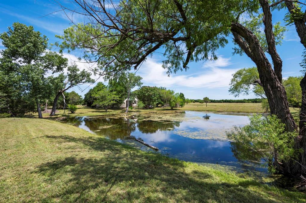 Private pond surrounded by expansive grass grounds and mature trees