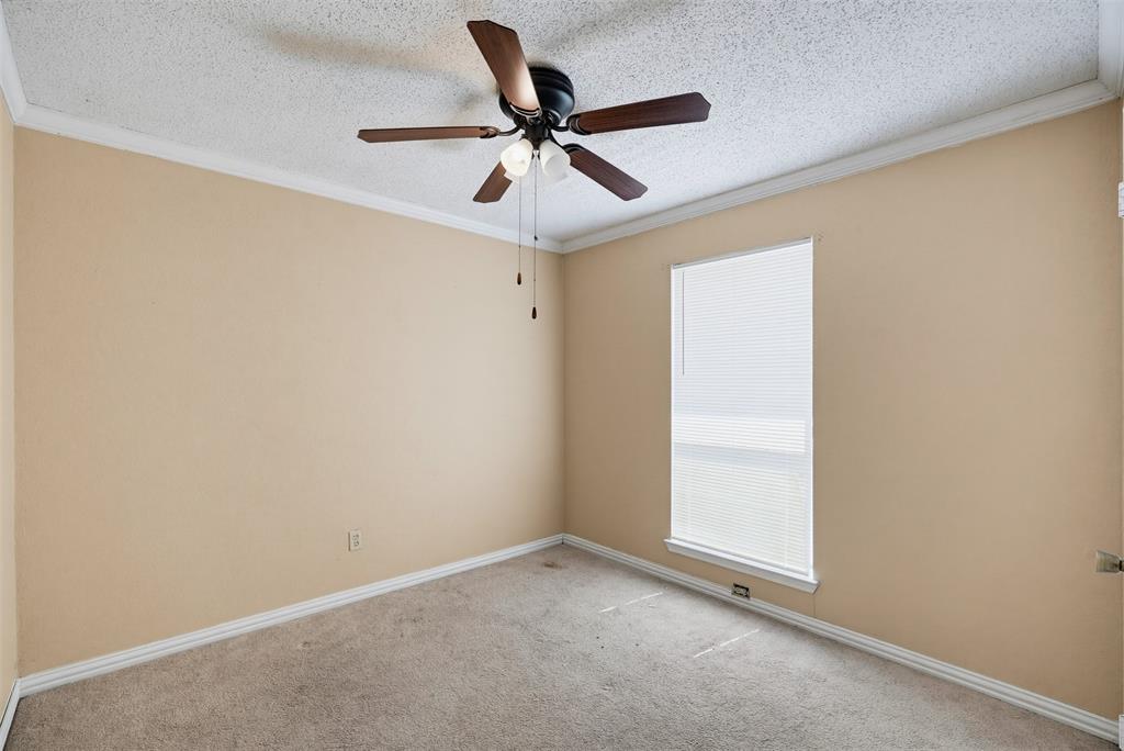 Room featuring neutral wall tones, carpeted flooring, a ceiling-mounted fan with integrated lighting, and a window with blinds