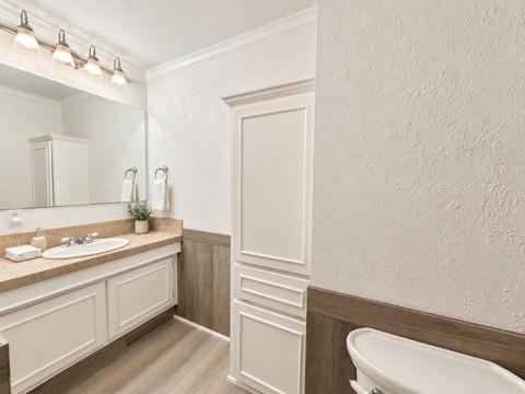 Bathroom featuring a built-in floor-to-ceiling storage cabinet, vanity with a light-tone countertop, oval undermount sink, multi-light fixture, and wood-finish wainscoting