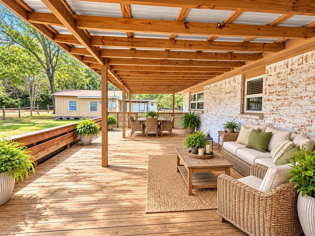 Covered wood deck featuring a whitewashed brick exterior wall, exposed timber framing, and wood-finish horizontal railing