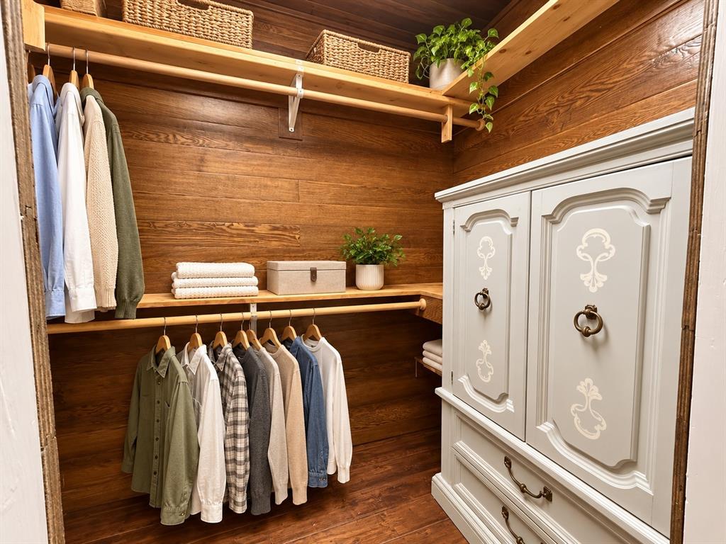 Walk-in closet featuring wood-plank walls, dual-level natural wood shelving, integrated hanging rods, and a built-in cabinetry unit with decorative hardware