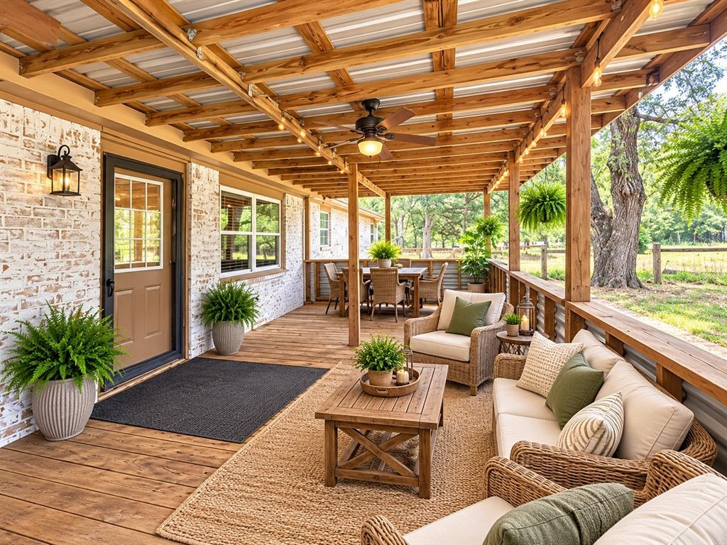Covered outdoor patio featuring white-washed brick exterior walls, exposed timber rafter ceiling, wood-finish flooring, integrated ceiling fan, and metal-panel siding