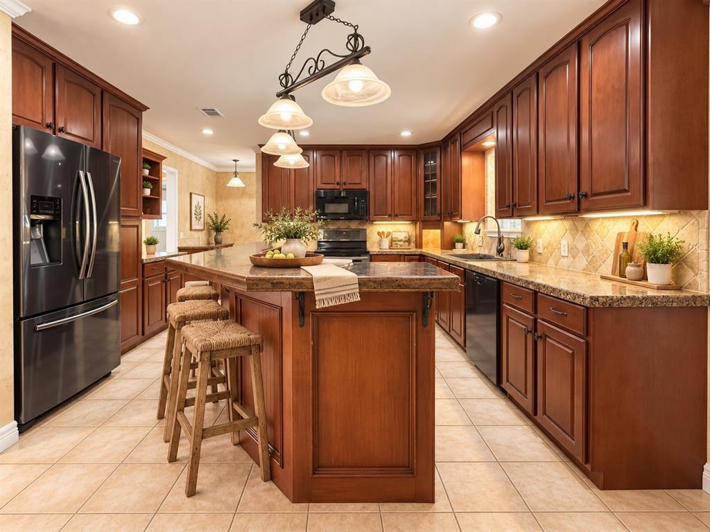 Kitchen featuring stained wood cabinetry, stone-surface countertops, tile backsplash, tile flooring, and integrated pendant lighting Kitchen featuring stained wood cabinetry, stone-surface countertops, tile backsplash, tile flooring, and integrated pendant lighting