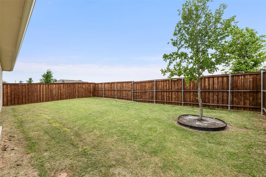 Rear yard featuring a grass lawn, full-height wood privacy fencing, and a mature tree with a circular landscape border