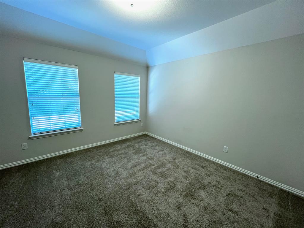 Room featuring high ceilings, neutral wall tones, wall-to-wall carpeting, and double windows with integrated horizontal blinds