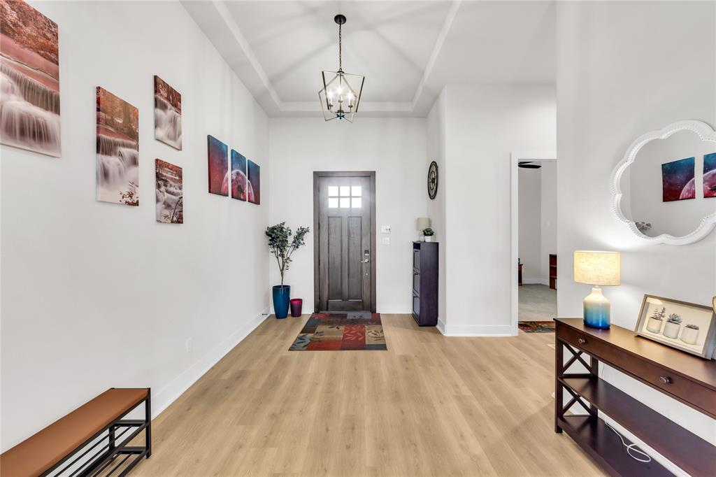 Foyer featuring a recessed tray ceiling, wood-finish flooring, and a multi-light geometric pendant fixture