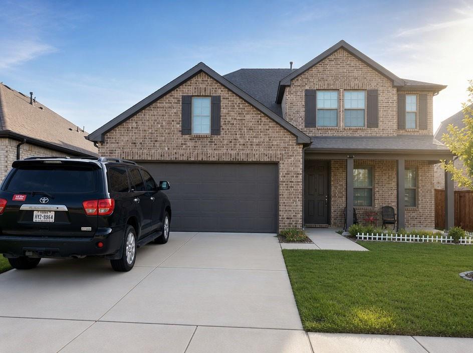 Multi-level brick exterior featuring a covered front porch, dual-gabled roofline, shuttered windows, and an attached two-car garage