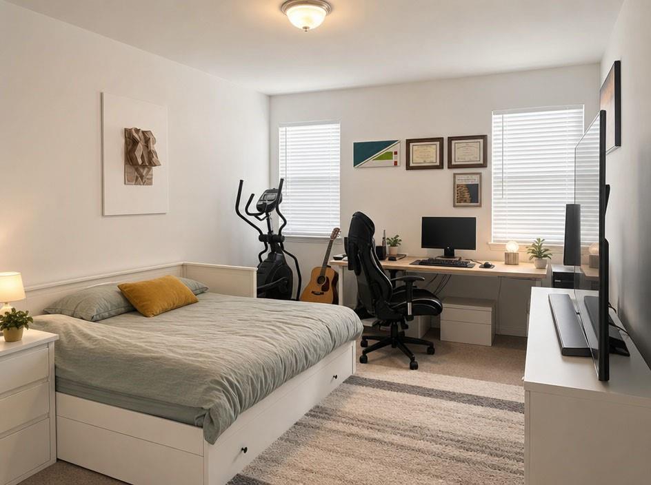 Neutral wall finishes, plush carpeting, dual windows with horizontal blinds, and a central ceiling-mounted light fixture Neutral wall finishes, plush carpeting, dual windows with horizontal blinds, and a central ceiling-mounted light fixture
