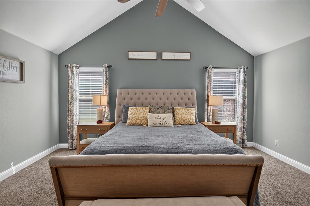 Vaulted ceiling with a central paddle fan, dual windows, and wall-to-wall carpeting