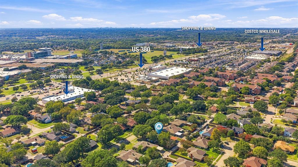 Aerial perspective of the residential property showing proximity to US 380 and regional retail centers