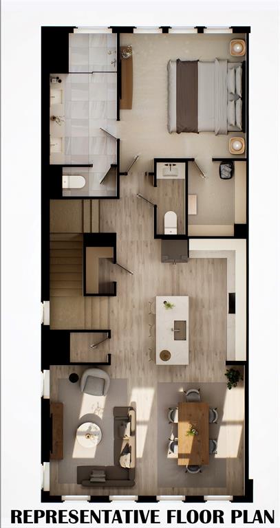 Second floor with main living area, kitchen and owner's suite. Second floor with main living area, kitchen and owner's suite.