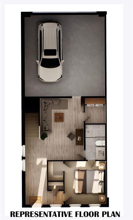 Main level with 2 car garage, flex space, guest bed, full bath and laundry. Main level with 2 car garage, flex space, guest bed, full bath and laundry.