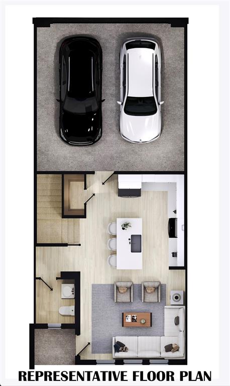 First level featuring 2 car garage, kitchen and main living area. First level featuring 2 car garage, kitchen and main living area.