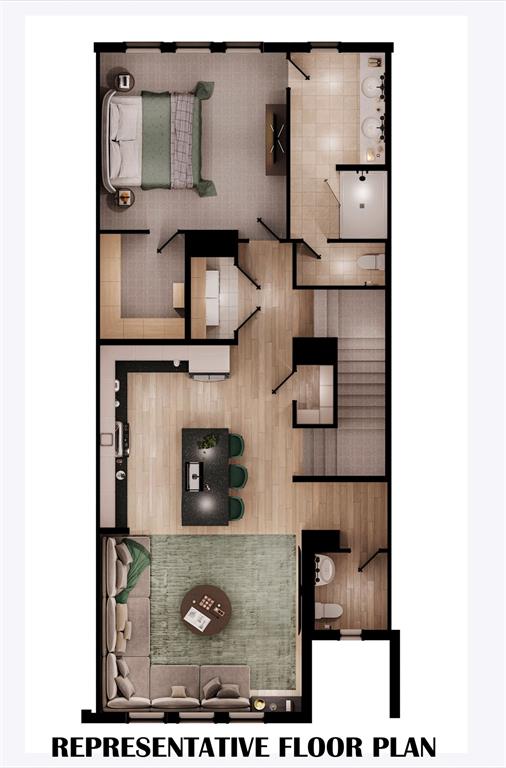 Second level featuring kitchen, main living area, half bath, laundry and owner's suite. Second level featuring kitchen, main living area, half bath, laundry and owner's suite.