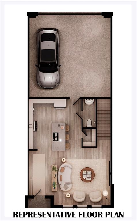 First floor featuring 2 car garage, kitchen, main living area and half bath. First floor featuring 2 car garage, kitchen, main living area and half bath.
