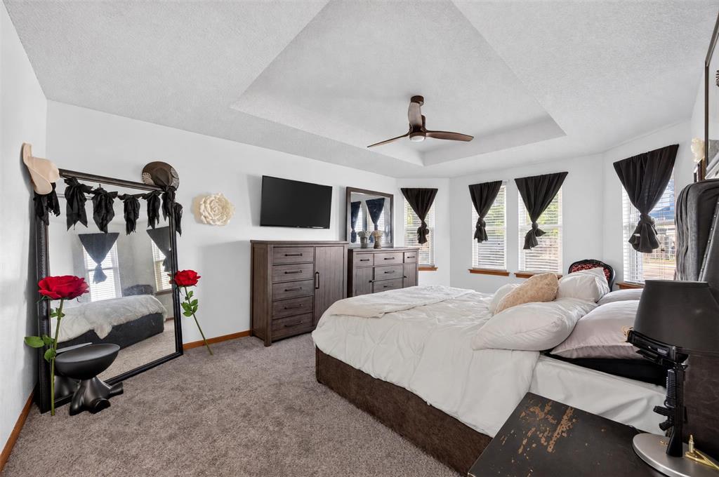 Tray ceiling featuring a central ceiling fan and multiple windows with exterior exposure